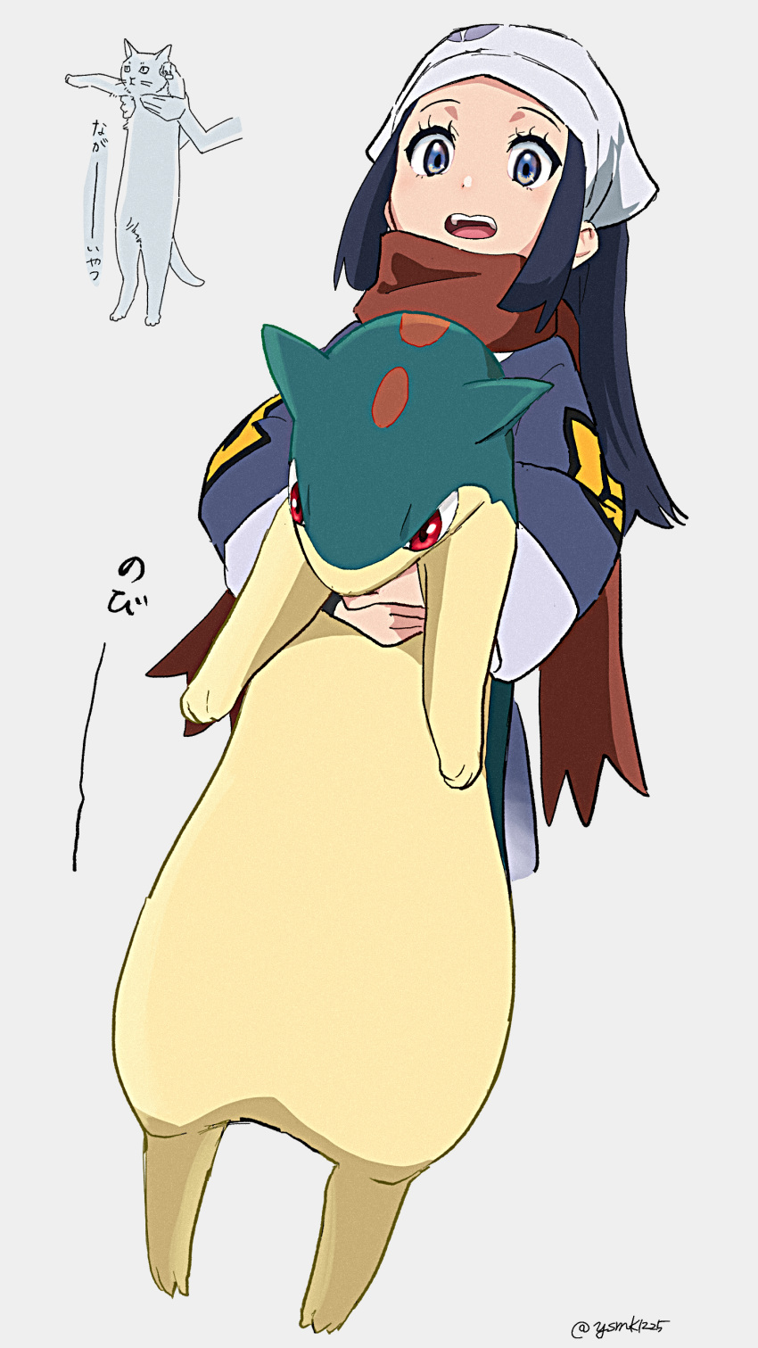 absurdres, akari_(pokemon), animal, black_hair, blue_eyes, cat, galaxy_expedition_team_survey_corps_uniform, grey_background, head_scarf, highres, holding, holding_animal, long_hair, longcat_(meme), meme, open_mouth, pokemon, pokemon_(creature), pokemon_(game), pokemon_legends:_arceus, quilava, red_scarf, scarf, sidelocks, simple_background, smile, twitter_username, yukishima