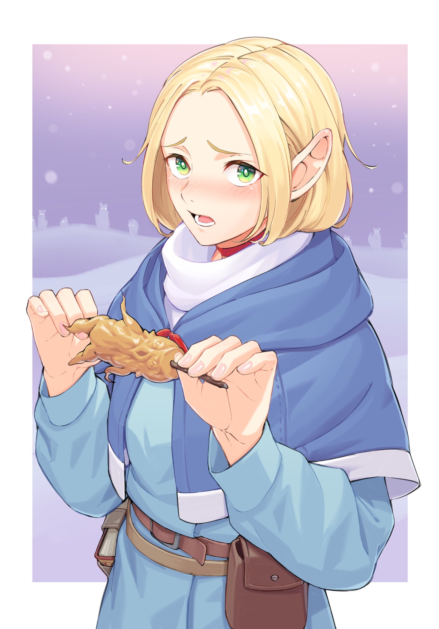 1girl, abe-chan, belt_pouch, blonde_hair, blue_capelet, blue_robe, blush, bob_cut, book_holster, capelet, caramel, choker, dungeon_meshi, elf, fingernails, food, forehead, green_eyes, hands_up, highres, holding, holding_food, hood, hood_down, hooded_capelet, long_sleeves, looking_at_viewer, mandrake, marcille, open_mouth, outside_border, pointy_ears, pouch, purple_background, scarf, snowing, solo, upper_body, white_scarf