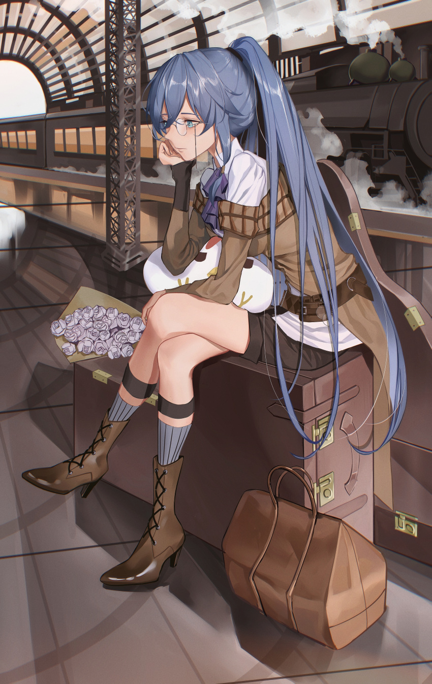 1girl, absurdres, bangs, black_hair, blue_eyes, bouquet, briefcase, brown_coat