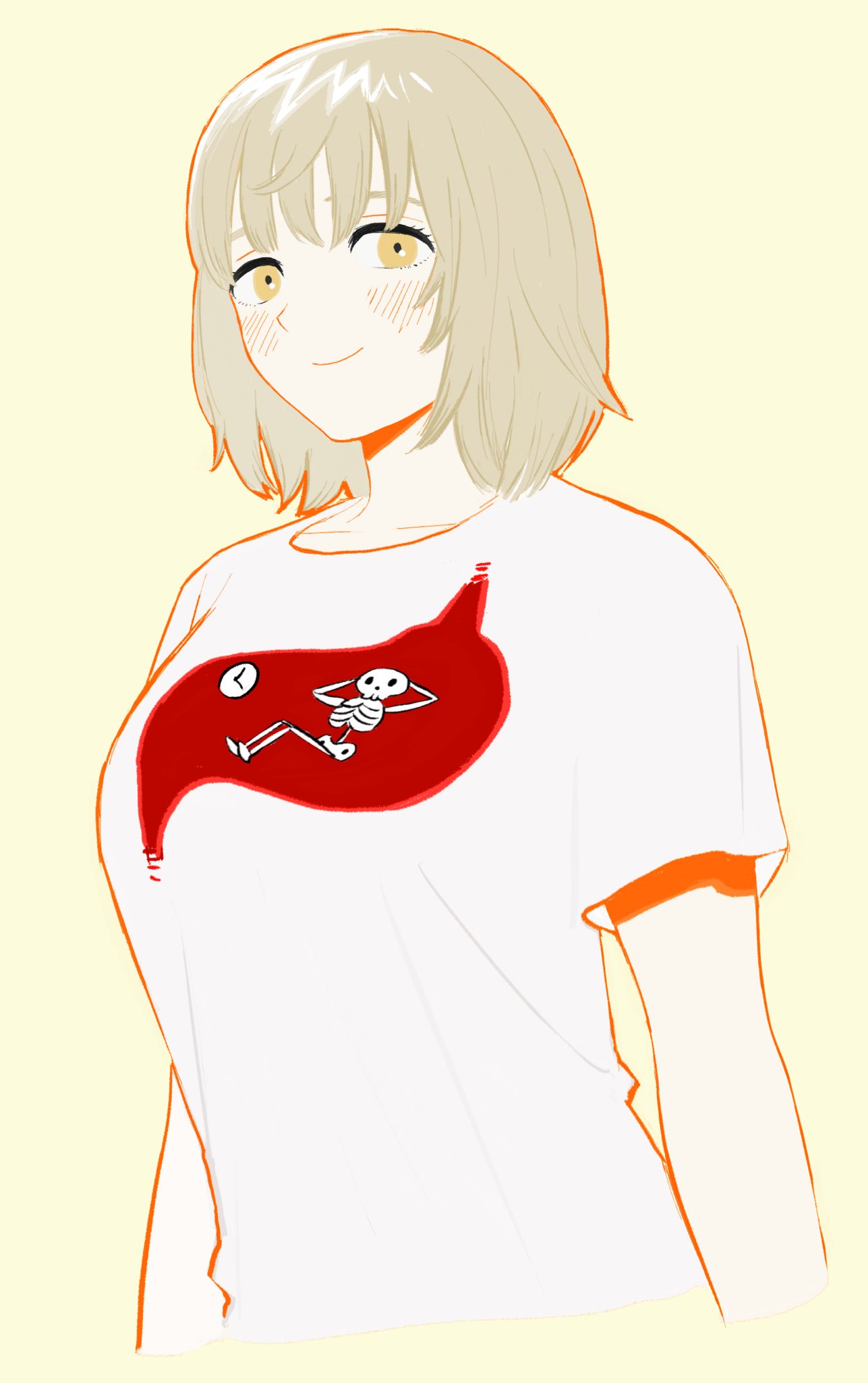 1girl, arms_at_sides, blush, bob_cut, breasts, brown_hair, clock, closed_mouth