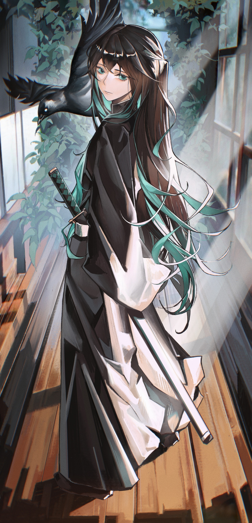 1boy, absurdres, bangs, bird, black_kimono, character_request, crow, green_eyes, green_hair, hana967531, highres, japanese_clothes, katana, kimetsu_no_yaiba, kimono, long_hair, long_sleeves, looking_at_viewer, looking_back, shadow, sheath, sheathed, smile, solo, standing, sword, weapon, wooden_floor