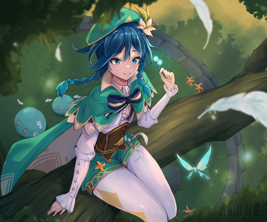 1boy, absurdres, along_(user_kjse4325), androgynous, bangs, beret, black_hair, blue_hair, blurry, bow, braid, brooch, cape, closed_mouth, collared_cape, collared_shirt, commentary_request, corset, crystalfly_(genshin_impact), day, diamond_(shape), eyebrows_visible_through_hair, falling_feathers, feathers, frilled_sleeves, frills, from_above, gem, genshin_impact, gradient_hair, grass, green_cape, green_eyes, green_headwear, green_shorts, hat, highres, in_tree, jewelry, long_sleeves, male_focus, multicolored_hair, outdoors, pantyhose, pinwheel, shirt, short_hair_with_long_locks, shorts, side_braids, sidelocks, signature, sitting, sitting_in_tree, slime_(genshin_impact), smile, solo, tree, twin_braids, venti_(genshin_impact), vision_(genshin_impact), white_legwear, white_shirt