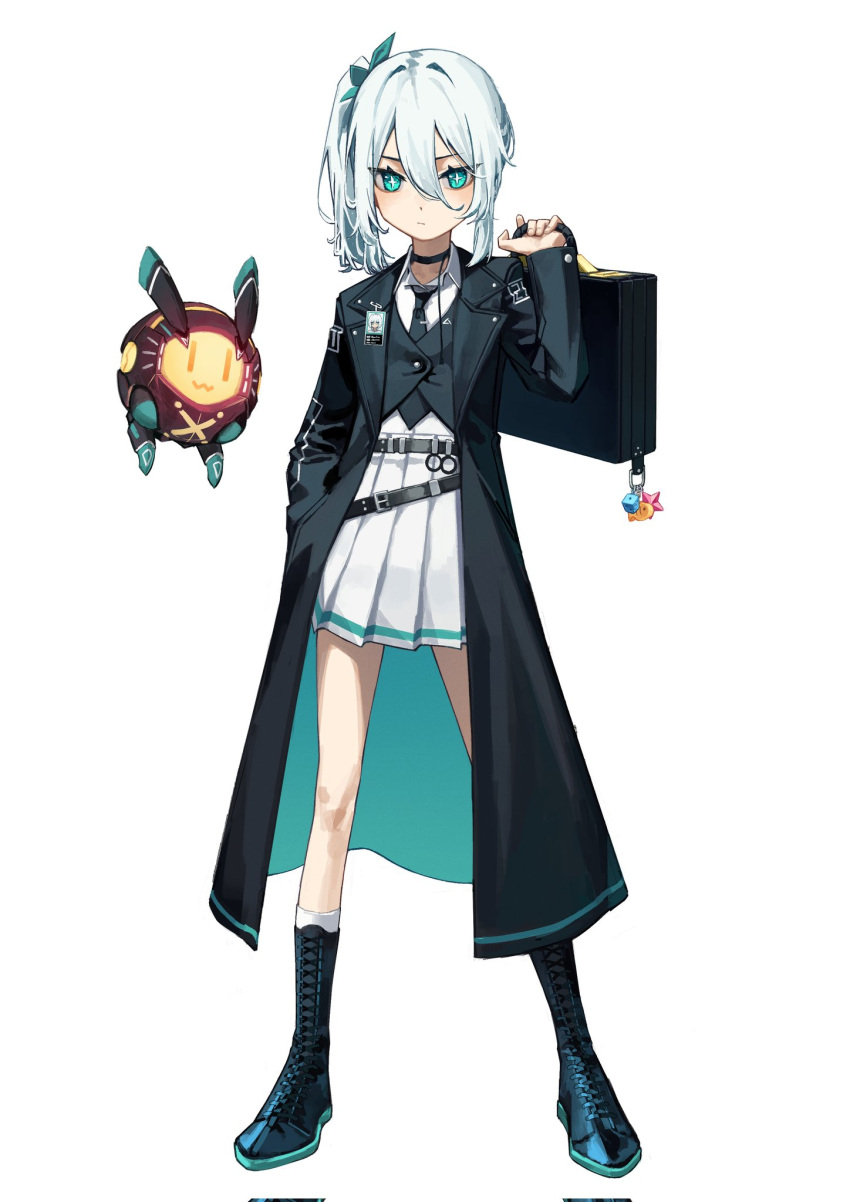 +_+, 1girl, aqua_coat, aqua_eyes, belt, black_choker, black_coat, black_necktie