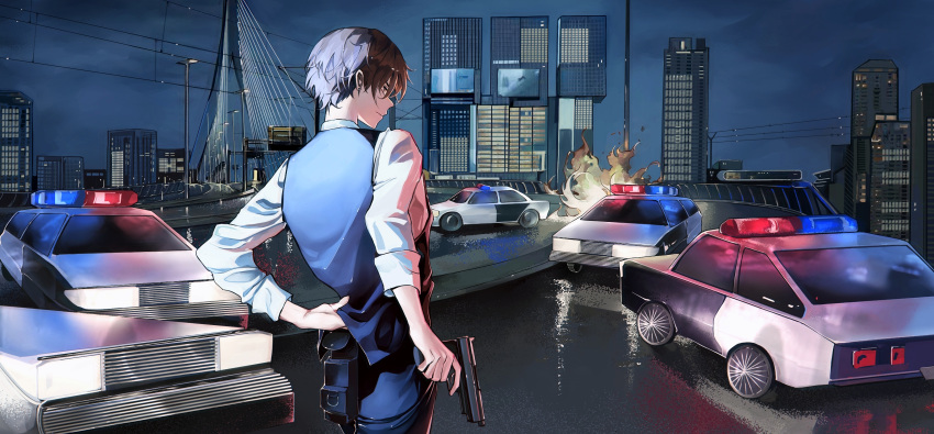 1boy, absurdres, back, bai_qi_(love_and_producer), bangs, blue_vest, brown_eyes, brown_hair