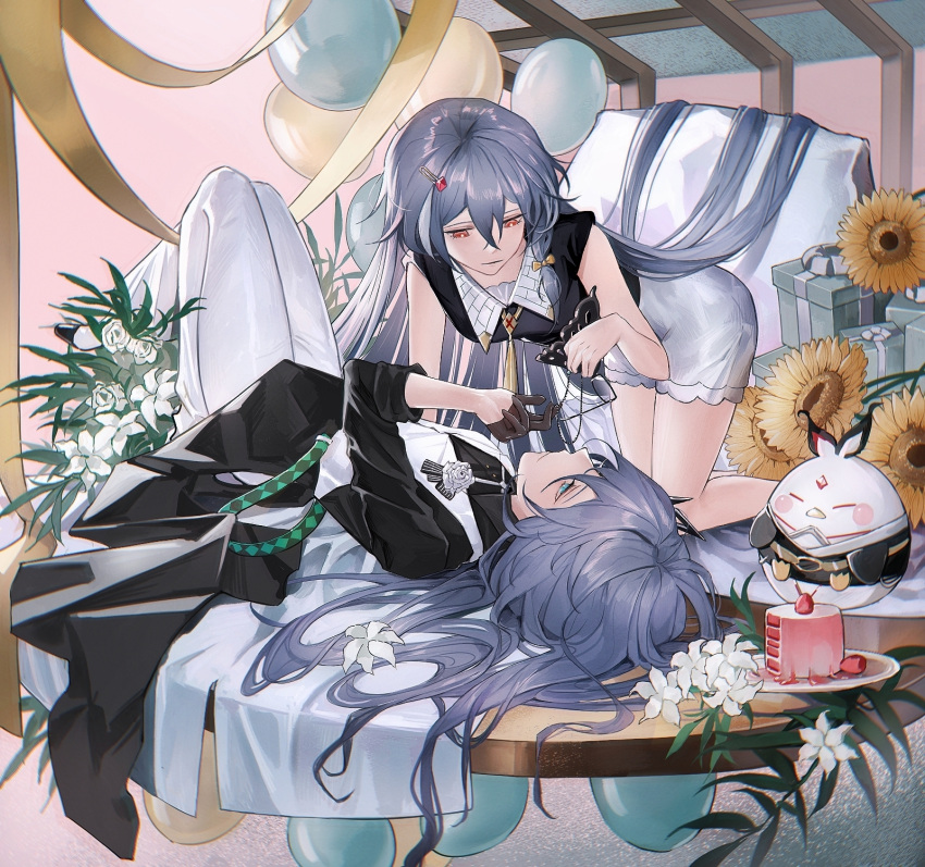 2girls, balloon, bangs, black_coat, black_hair, black_shirt, blue_eyes, cake, closed_mouth, coat, dual_persona, flower, food, formal, fu_hua, fu_hua_(herrscher_of_sentience), full_body, hana967531, highres, honkai_(series), honkai_impact_3rd, long_hair, long_sleeves, looking_at_another, multiple_girls, pants, red_eyes, shirt, skirt, sunflower, vest, white_flower, white_pants, white_skirt, white_vest