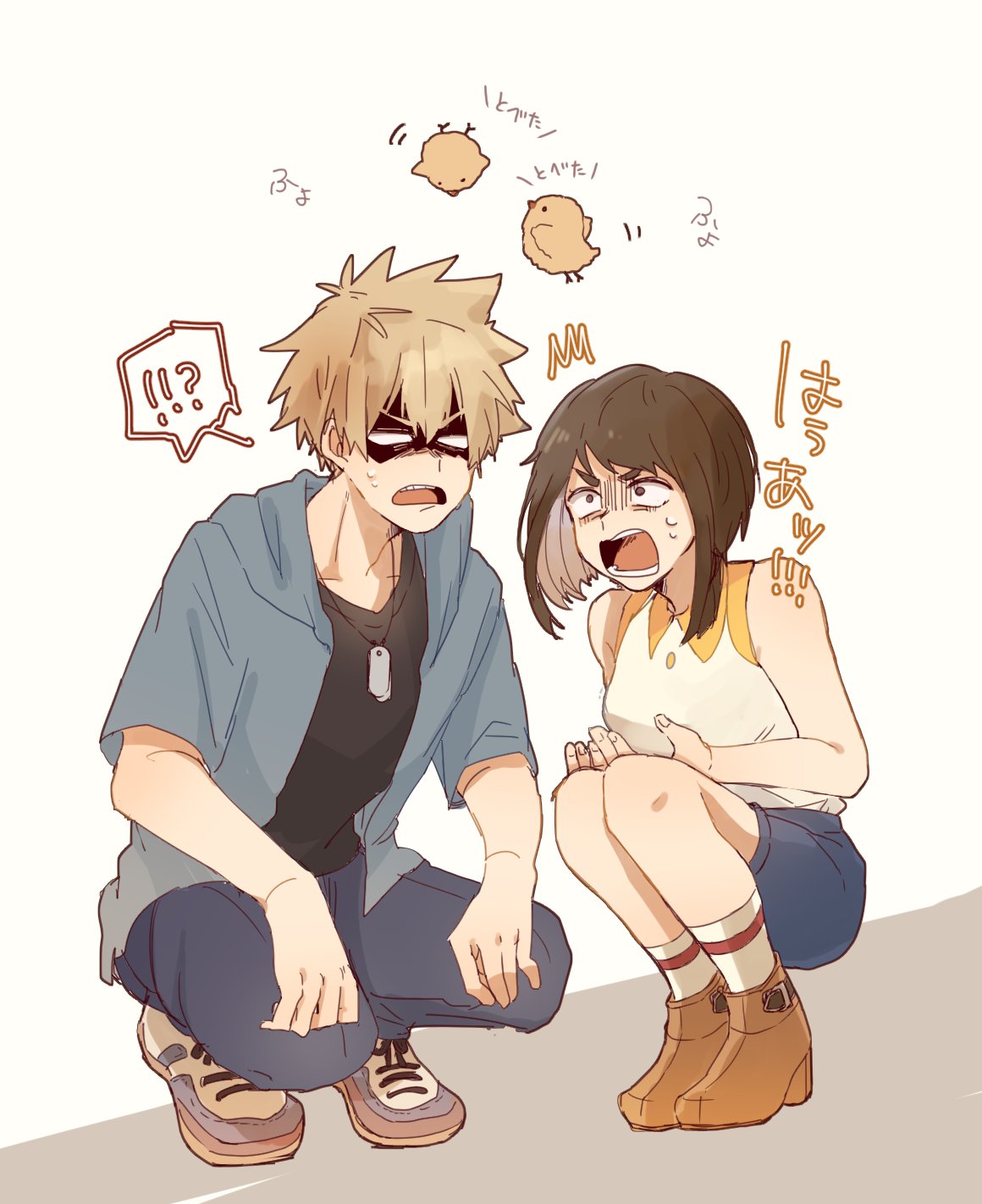 !?, alternate_costume, angry, animal, ankle_socks, bakugou_katsuki, bird, black_shirt, blush, boku_no_hero_academia, chick, collared_shirt, denim, denim_shorts, dog_tags, flying, highres, holding, holding_animal, hood, hoodie, jeans, looking_down, natsumegu_512, open_mouth, pants, raglan_sleeves, shaded_face, shirt, shoes, shorts, sleeveless, sleeveless_shirt, sneakers, socks, spiky_hair, squatting, sweatdrop, teeth, uraraka_ochako, v-shaped_eyebrows