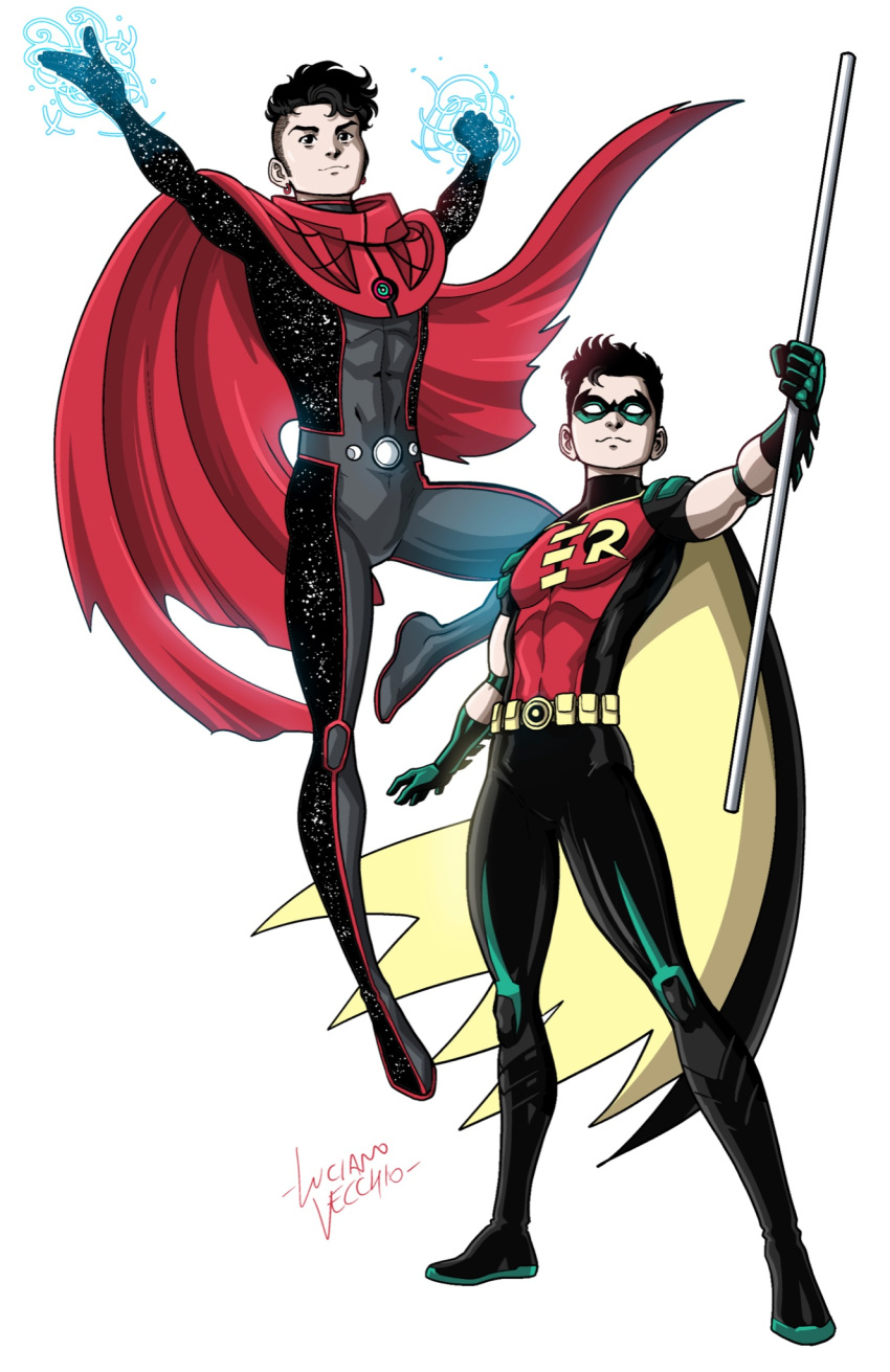 2boys, avengers_(series), batman_(series), black_hair, bodysuit, cape, closed_mouth, commentary, commission, crossover, dc_comics, domino_mask, english_commentary, fantasy, floating, flying, full_body, gloves, green_mask, highleg, highleg_leotard, highres, holding, holding_staff, holding_weapon, leotard, long_sleeves, lucianovecchio, magic, male_focus, marvel, mask, multiple_boys, outstretched_arm, robin_(dc), simple_background, skin_tight, staff, superhero, tim_drake, weapon, white_background, wiccan, young_avengers