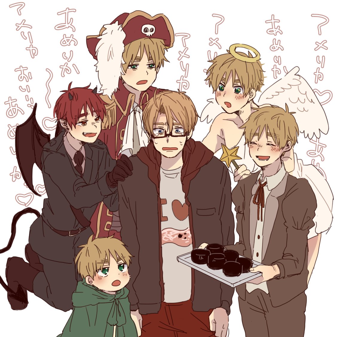 alternate_costume, alternate_hair_color, america_(hetalia), angel, angel_wings, axis_powers_hetalia, bad_food, belt
