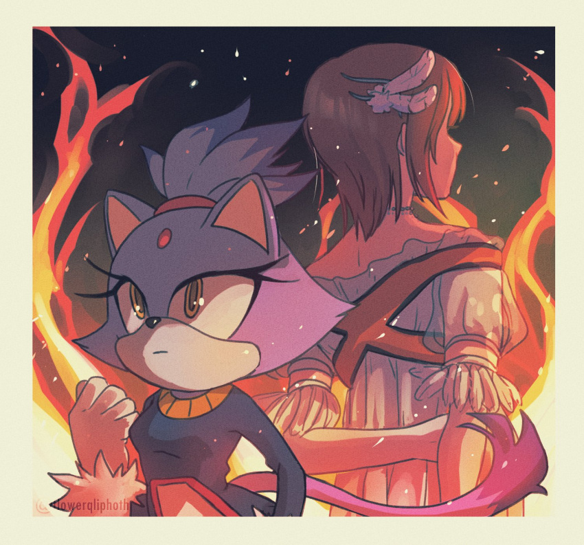 2girls, artist_name, blaze_the_cat, brown_hair, clenched_hand, dark, dress, feathers