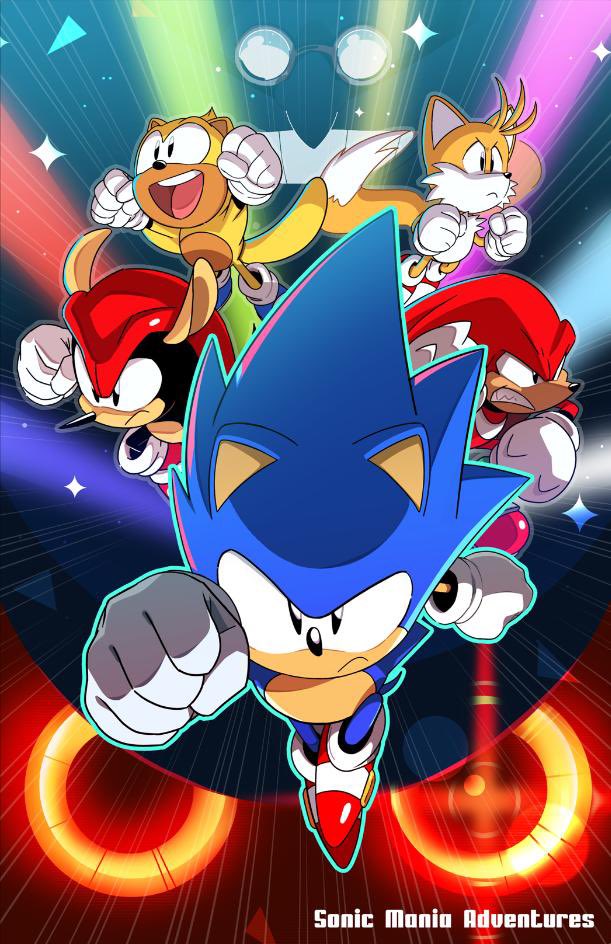 black_fur, blue_fur, clenched_hands, eggmaam, floating, flying, glasses, gloves, happy, knuckles_the_echidna, lights, looking_at_viewer, looking_to_the_side, male_focus, mighty_the_armadillo, multicolored_fur, multiple_boys, pointy_nose, ray_the_flying_squirrel, red_fur, running, serious, shoes, sonic_(series), sonic_mania_adventures, sonic_the_hedgehog, tails_(sonic), third-party_source, tyson_hesse, white_fur, yellow_fur