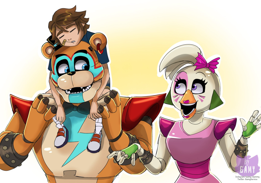 1girl, 2boys, artist_logo, artist_name, bandaid, bandaid_on_face, blue_eyes, bow, bowtie, brown_hair, chica, ear_piercing, earrings, facial_tattoo, fangs, fingerless_gloves, five_nights_at_freddy's, five_nights_at_freddy's:_security_breach, freddy_fazbear, gamyservice, glamrock_chica, glamrock_freddy, gloves, gregory_(fnaf), highres, jewelry, lifting, lifting_person, looking_at_another, messy_hair, multiple_boys, open_mouth, piercing, ribbon, robot, shirt, shoes, shoulder_pads, sleeping, t-shirt, tattoo, teeth, twitter_username, upper_body, violet_eyes, wristband