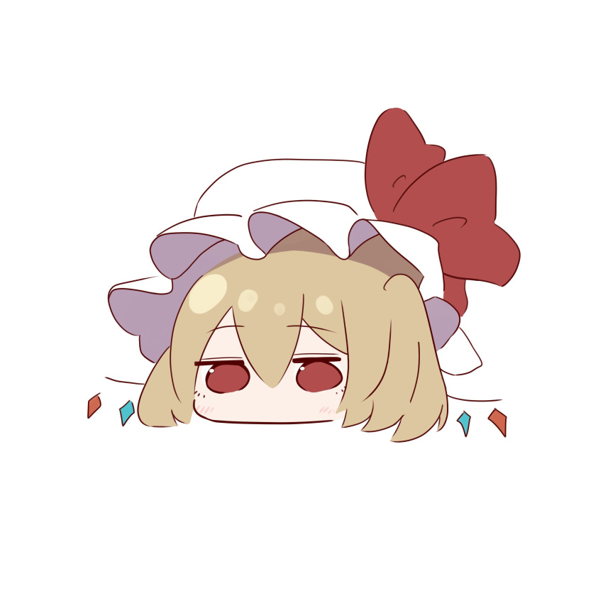 1girl, bangs, blonde_hair, blush, bow, chibi, eyebrows_visible_through_hair, flandre_scarlet, hair_between_eyes, hat, highres, jitome, looking_at_viewer, mob_cap, no_mouth, r_utchi, red_eyes, simple_background, solo, touhou, white_background, white_headwear, wings
