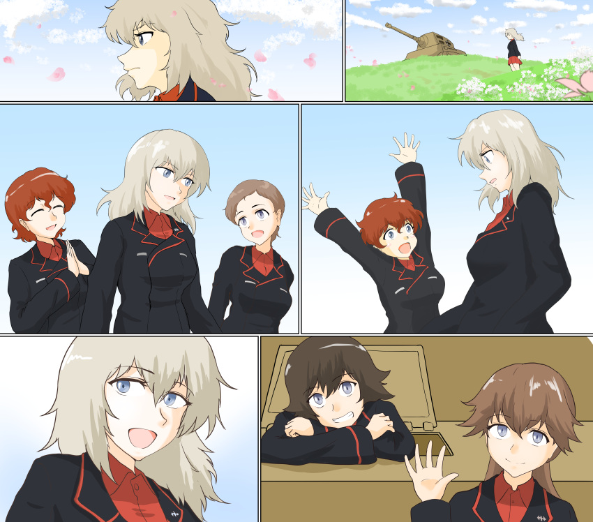 5girls, :d, absurdres, akaboshi_koume, arms_up, black_jacket, blue_eyes, brown_hair