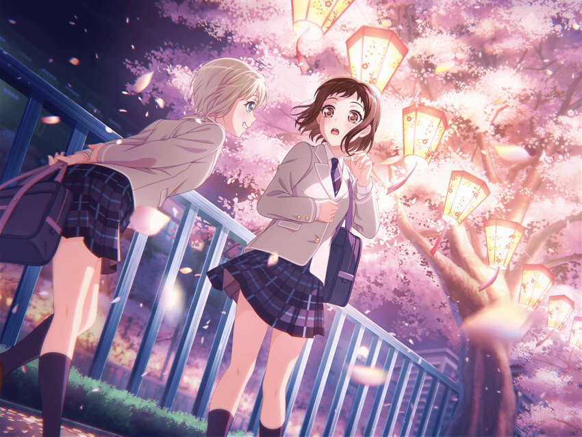 2girls, aoba_moca, bang_dream!, brown_eyes, brown_hair, dress, hazawa_tsugumi, lantern