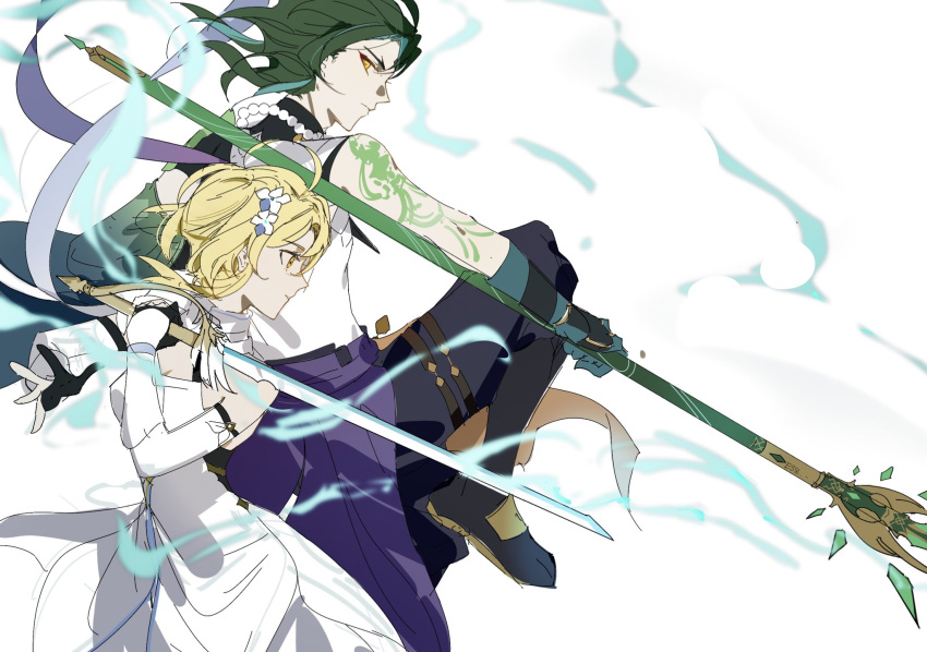 1boy, 1girl, ahoge, aqua_sleeves, arm_guards, arm_tattoo, armor, artist_name, asymmetrical_clothes, asymmetrical_sleeves, bangs, bare_shoulders, black_gloves, blonde_hair, brown_hair, clothing_request, detached_sleeves, diamond_(shape), dress, elbow_gloves, esz_(bzsaro01), facial_mark, floating, flower, forehead_mark, gauntlets, genshin_impact, gloves, grey_gloves, hair_between_eyes, hair_flower, hair_ornament, highres, holding, holding_polearm, holding_sword, holding_weapon, knee_up, leg_up, looking_at_another, lumine_(genshin_impact), messy_hair, multicolored_clothes, multicolored_gloves, partially_fingerless_gloves, polearm, posture_request, profile, short_hair_with_long_locks, shoulder_armor, shoulder_pads, sideways_glance, single_detached_sleeve, sketch, strapless, strapless_dress, sword, tattoo, toned, toned_male, weapon, weapon_request, white_armor, white_background, white_dress, white_gloves, wide_sleeves, wind, xiao_(genshin_impact), yellow_eyes