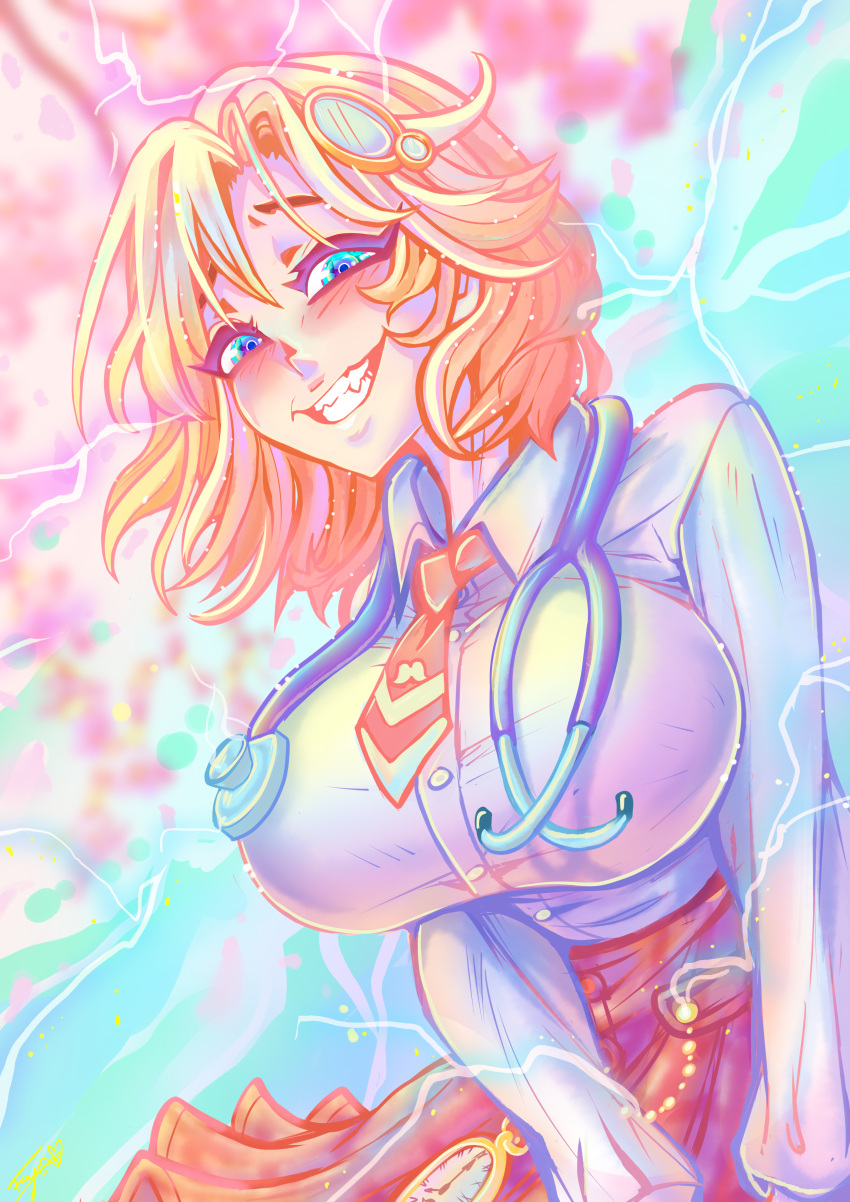 absurdres, blonde_hair, blue_eyes, blue_fayt, breast_press, breasts, colorful, evil_eyes, evil_grin, evil_smile, grin, highres, hololive, hololive_english, large_breasts, lightning, necktie, pocket_watch, smile, stethoscope, time_travel, virtual_youtuber, watch, watson_amelia, yandere
