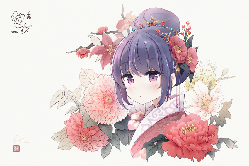 1girl, 2022, absurdres, bangs, cropped_torso, dark_blue_hair, flower, hair_bun
