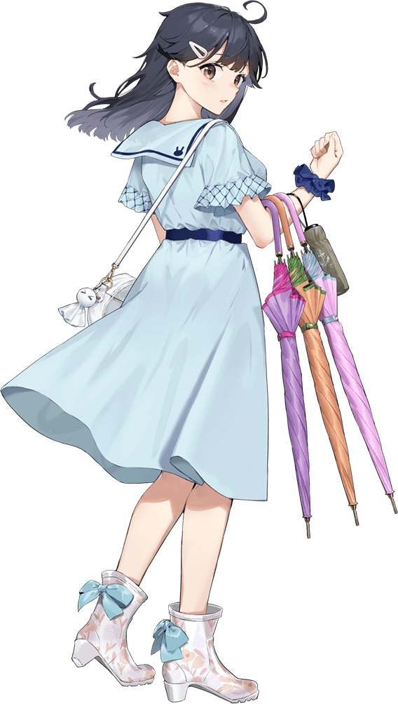 1girl, ahoge, bag, black_hair, blue_dress, breasts, dress, drew_(drew213g), full_body, hair_ornament, hairclip, kantai_collection, karakasa_obake, large_breasts, long_hair, looking_back, official_alternate_costume, official_art, scrunchie, shoulder_bag, transparent_background, umbrella, umbrella_on_arm, ushio_(kancolle), white_footwear