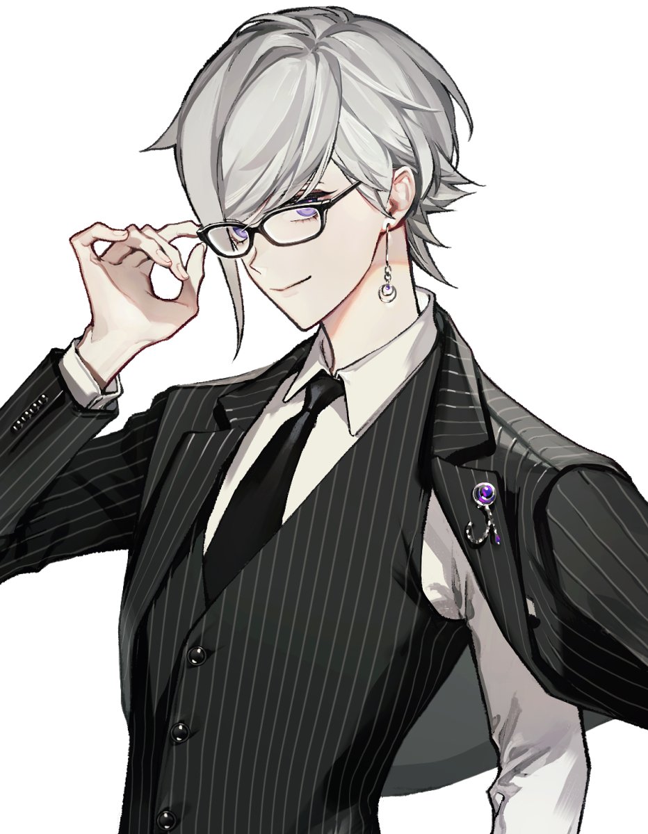 1boy, amamiya_kei, arm_out_of_sleeve, asymmetrical_bangs, bangs, black_jacket, black_necktie, black_vest, collared_shirt, earrings, fingernails, glasses, grey_hair, hand_on_eyewear, highres, indie_virtual_youtuber, jacket, jewelry, koshika_rina, lapel_pin, looking_at_viewer, male_focus, necktie, shirt, short_hair, simple_background, smile, solo, striped, striped_jacket, striped_vest, suit_jacket, vertical-striped_jacket, vertical-striped_vest, vertical_stripes, vest, violet_eyes, virtual_youtuber, white_background, white_shirt
