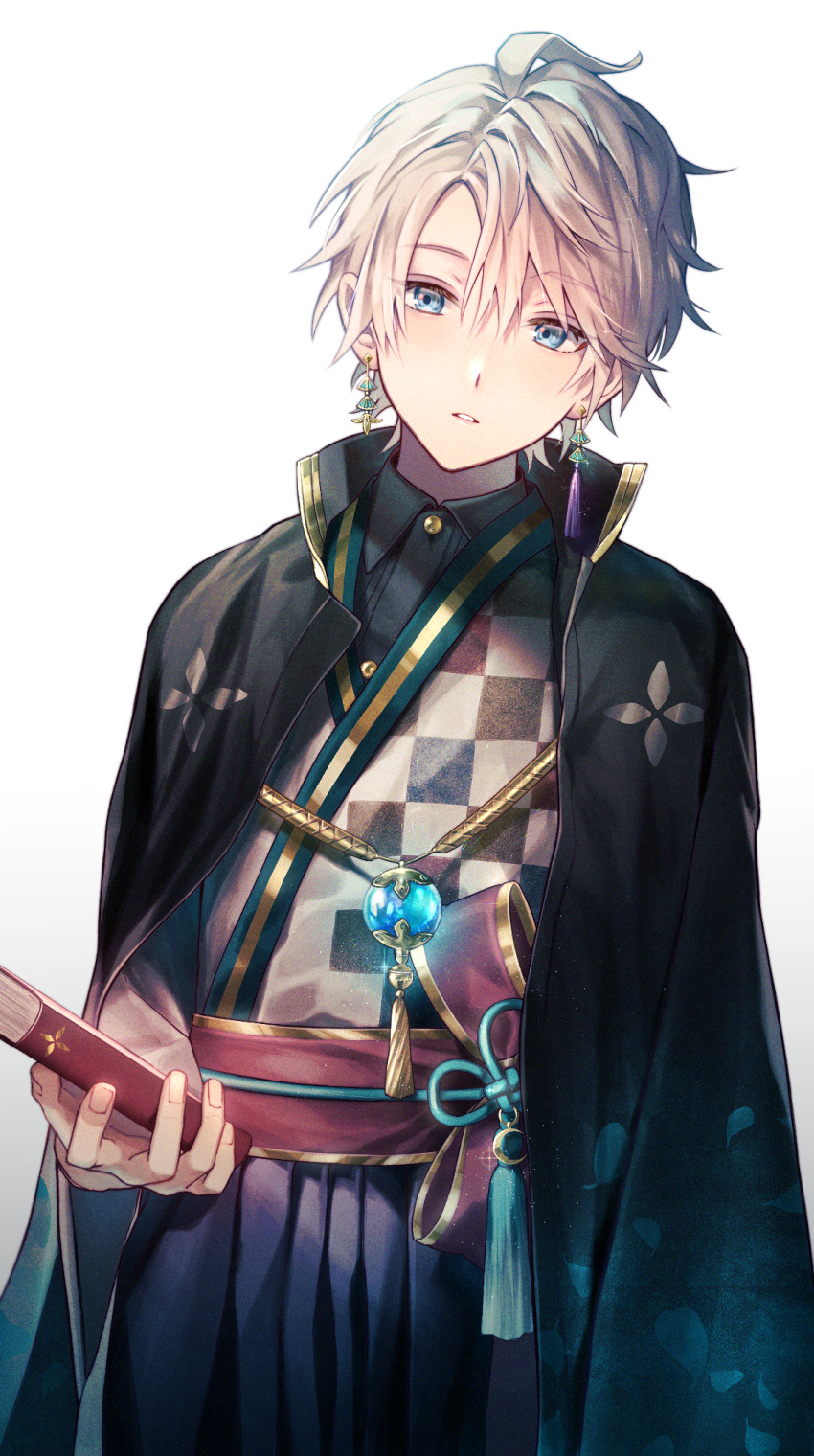 1boy, bangs, blue_eyes, book, collared_shirt, earrings, flower_knot, grey_hair