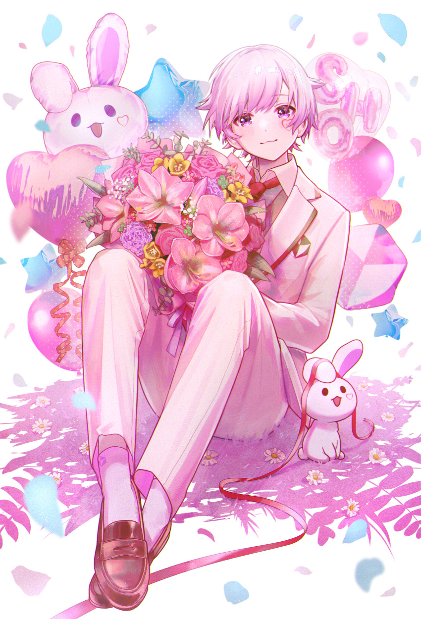1boy, balloon, bangs, bouquet, brown_footwear, character_request, collared_shirt, flower