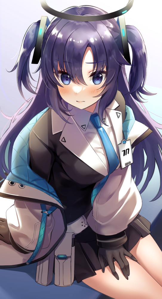 1girl, \||/, bangs, black_gloves, black_skirt, blue_archive, blue_eyes, blue_necktie