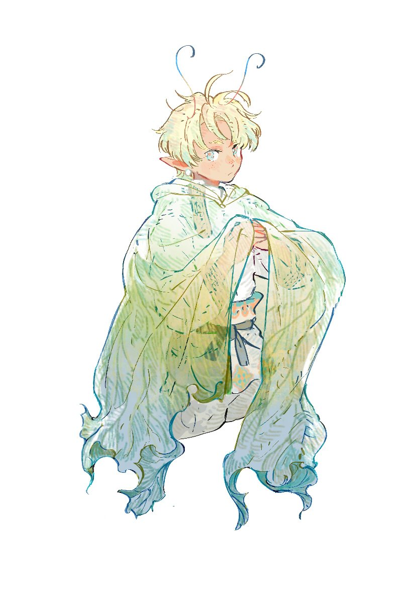 1boy, antennae, bangs, blue_eyes, cloak, cropped_legs, earrings, flower
