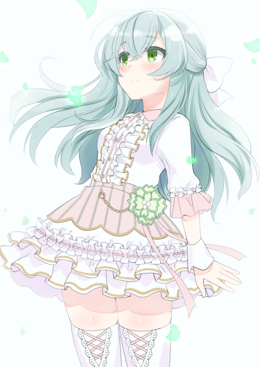 1girl, aohashi_ame, aqua_hair, arm_at_side, assault_lily, bangs, blush, bow