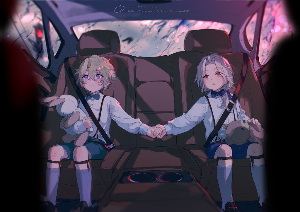 2boys, :o, bangs, black_footwear, blonde_hair, blue_bow, blue_bowtie, blue_shorts