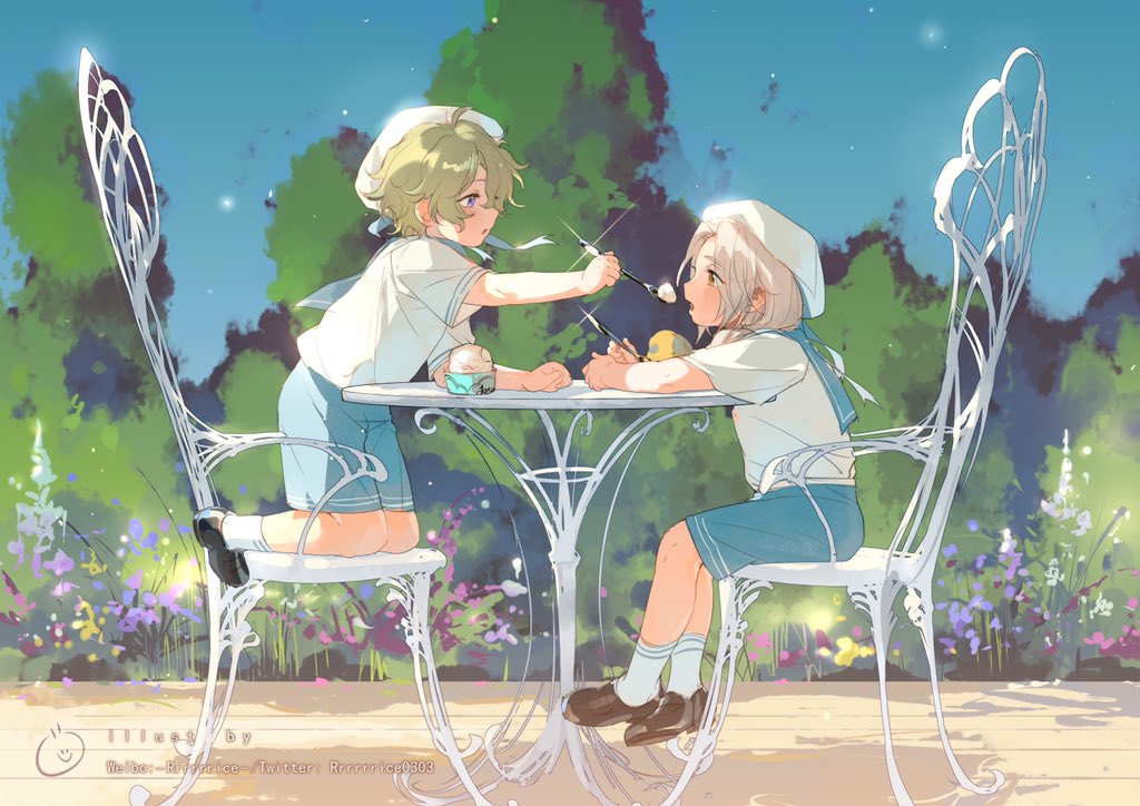 2boys, bangs, bare_arms, black_footwear, blonde_hair, blue_ribbon, blue_shorts, bob_cut