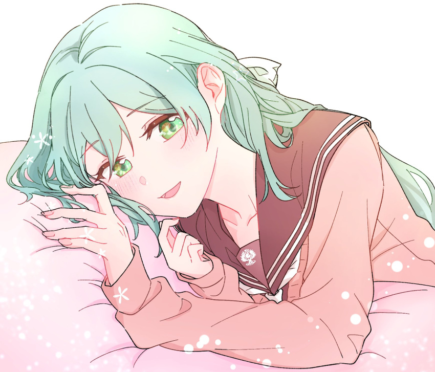 1girl, aqua_hair, assault_lily, bangs, blush, bow, brown_cardigan, brown_sailor_collar, cardigan, collarbone, commentary_request, eyebrows_visible_through_hair, fingernails, green_eyes, hair_between_eyes, hair_bow, hands_up, head_rest, highres, kanba_girls_high_school_uniform, light_particles, long_hair, long_sleeves, looking_at_viewer, lying, neckerchief, noku_(noku0827), on_side, open_mouth, pillow, sailor_collar, school_uniform, serafuku, simple_background, sleeves_past_wrists, smile, solo, star_(symbol), toki_kureha, upper_body, white_background, white_bow, white_neckerchief