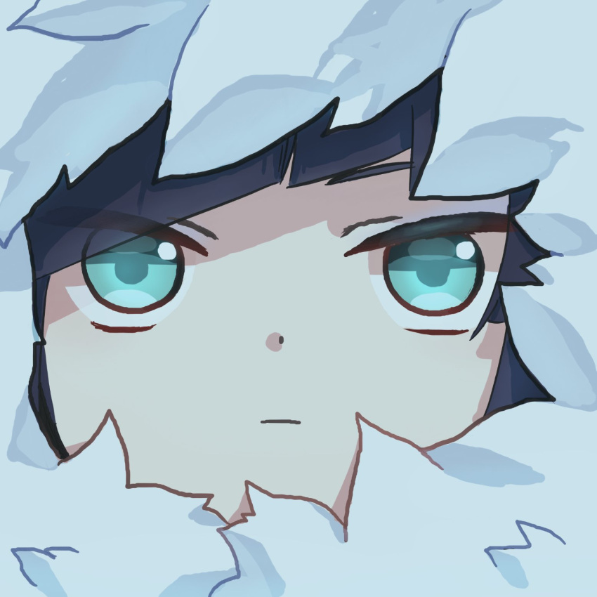 1girl, aqua_eyes, bangs, black_hair, chibi, coat, diagonal_bangs, face