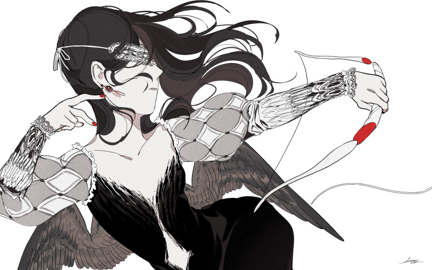 1girl, absurdres, black_dress, black_hair, blindfold, bow_(weapon), commentary, commentary_request