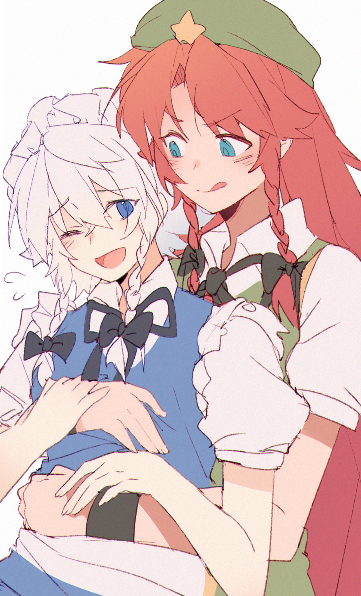 2girls, :q, bangs, beret, black_ribbon, black_wristband, braid, commentary_request, green_headwear, hair_between_eyes, hair_ribbon, hat, hat_ornament, highres, hong_meiling, izayoi_sakuya, liangyilin, long_hair, maid, maid_headdress, multiple_girls, neck_ribbon, one_eye_closed, open_mouth, puffy_short_sleeves, puffy_sleeves, redhead, ribbon, short_sleeves, sidelocks, simple_background, standing, star_(symbol), star_hat_ornament, tongue, tongue_out, touhou, tress_ribbon, twin_braids, white_background, white_hair
