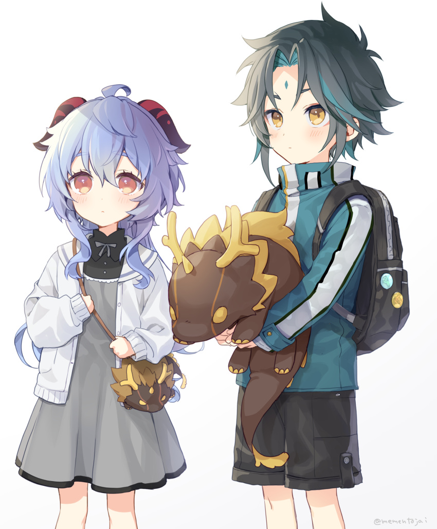1boy, 1girl, aged_down, ahoge, aqua_hair, bag, bangs, black_shorts