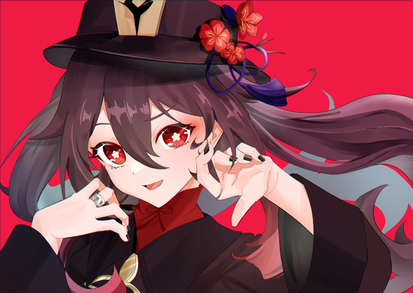 1girl, absurdres, black_nails, brown_hair, flower, flower_shaped_pupils, genshin_impact, highres