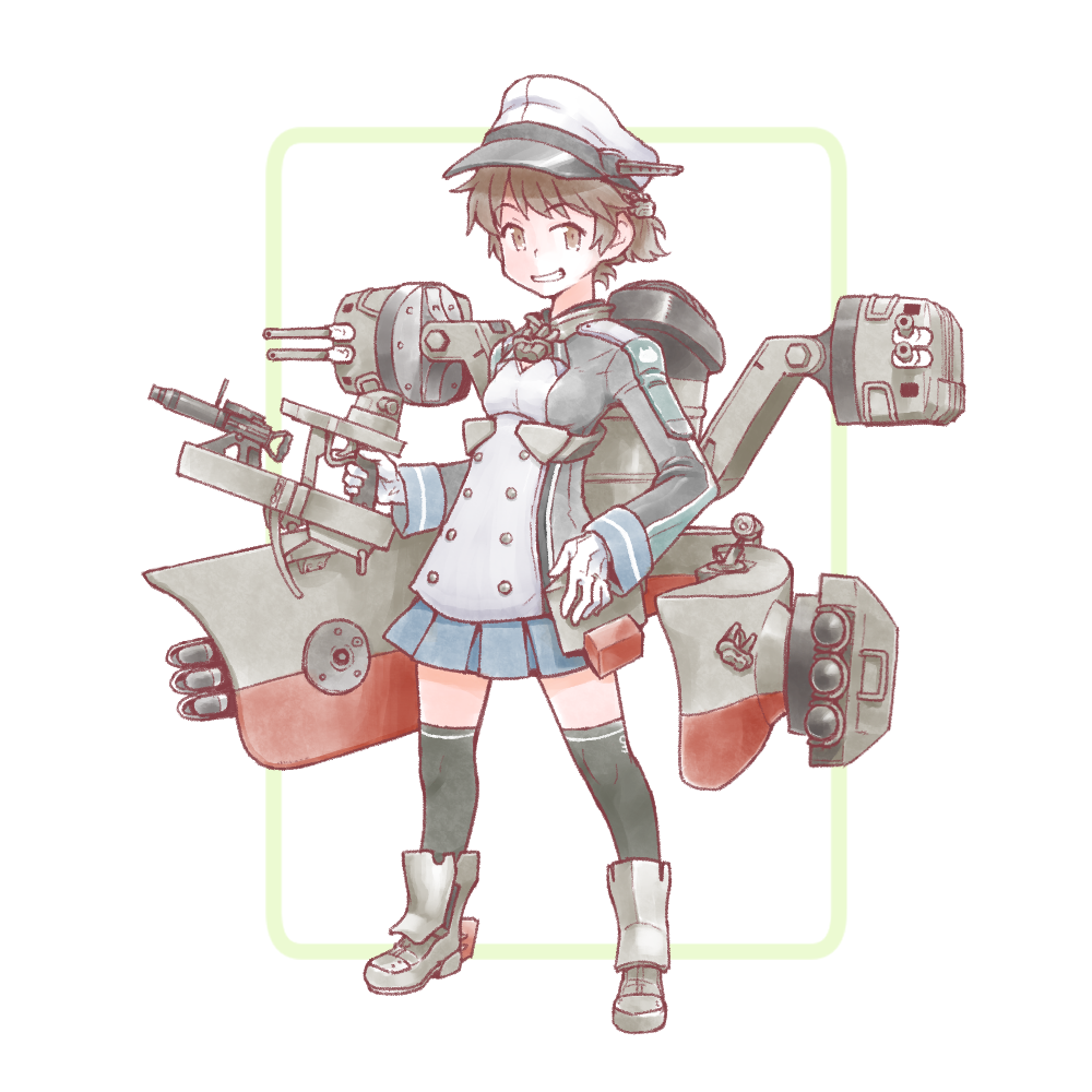 1girl, anchor_symbol, black_legwear, blue_skirt, brown_eyes, brown_hair, cannon, cosplay