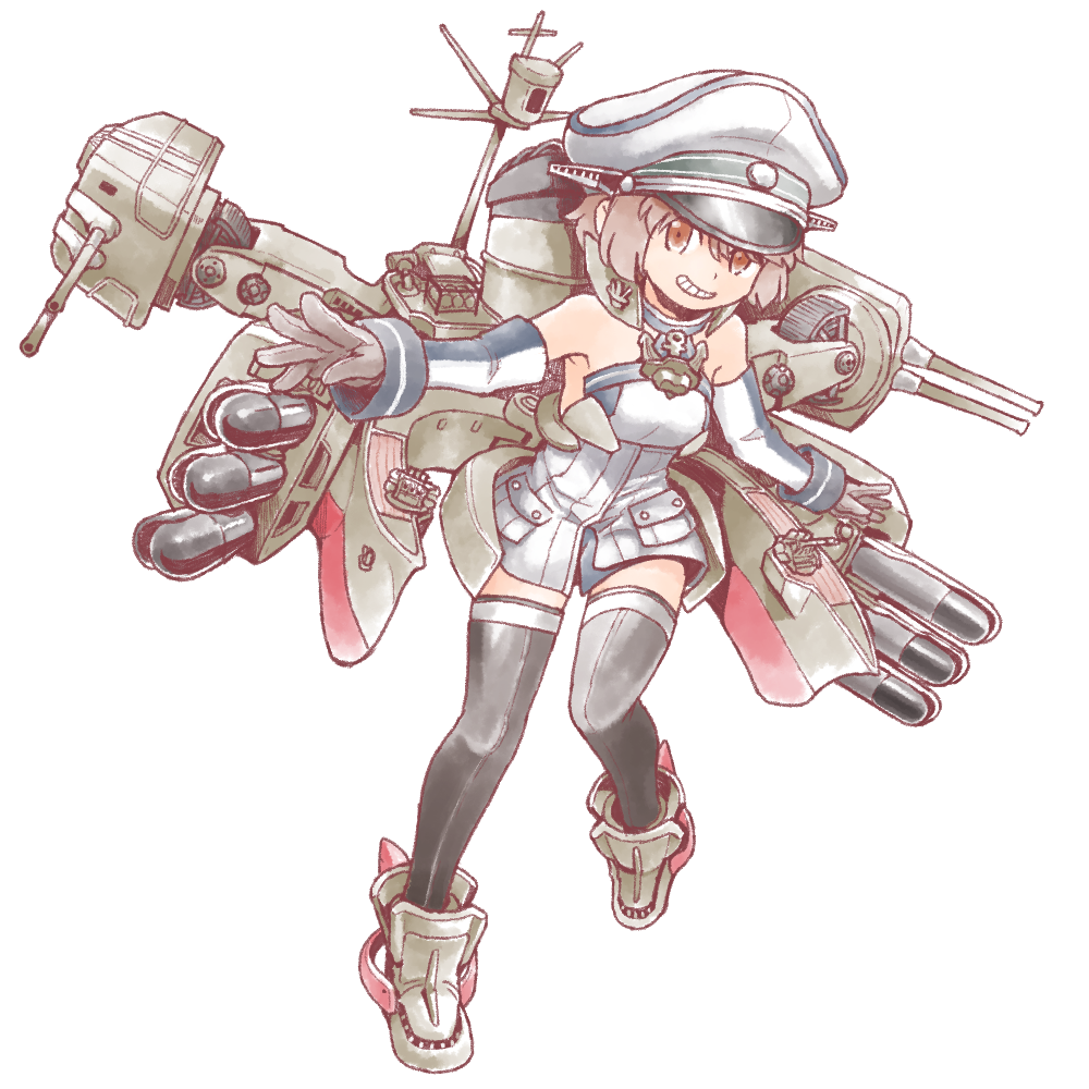 1girl, anchor, bismarck_(kancolle), bismarck_(kancolle)_(cosplay), black_legwear, brown_eyes, brown_gloves, brown_hair, cannon, cosplay, detached_sleeves, full_body, gloves, grey_headwear, hat, kantai_collection, military, military_hat, military_uniform, miyuki_(kancolle), peaked_cap, rigging, short_hair, solo, thigh-highs, torpedo, torpedo_tubes, turret, uniform, yagi_mutsuki