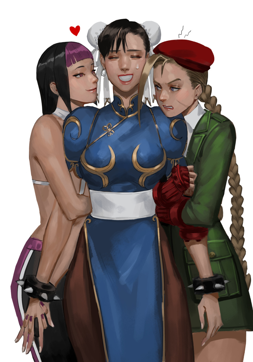 3girls, absurdres, angry, arm_hug, bbubbubbobbo123, black_hair, blonde_hair, bracelet