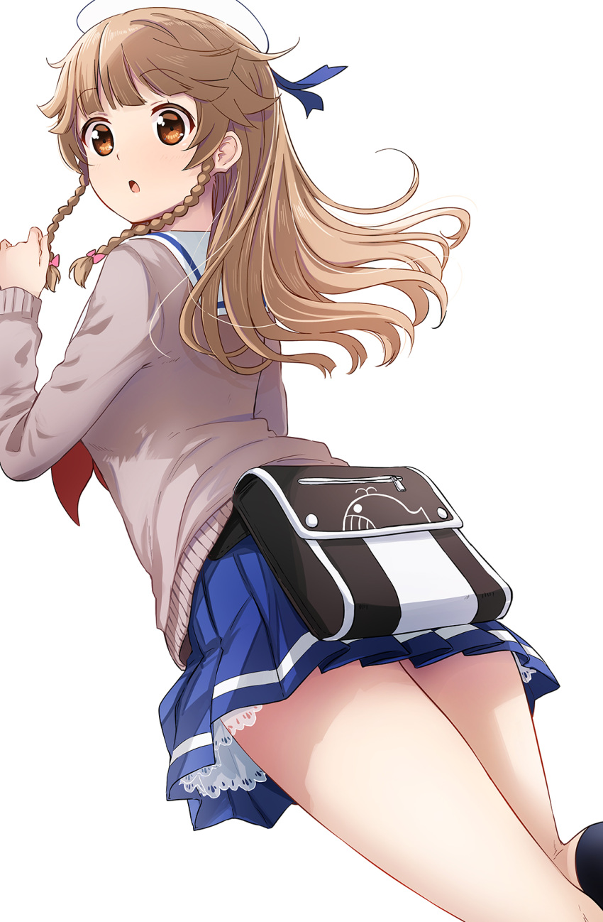 abe_kanari, bag, blue_skirt, braid, brown_eyes, brown_hair, brown_sweater, commentary_request, cowboy_shot, from_behind, high_school_fleet, highres, long_hair, looking_at_viewer, neckerchief, nosa_kouko, pleated_skirt, red_neckerchief, sailor_collar, school_uniform, serafuku, sidelocks, simple_background, skirt, sweater, twin_braids, white_background, white_headwear, white_sailor_collar, yokosuka_girls_marine_high_school_uniform