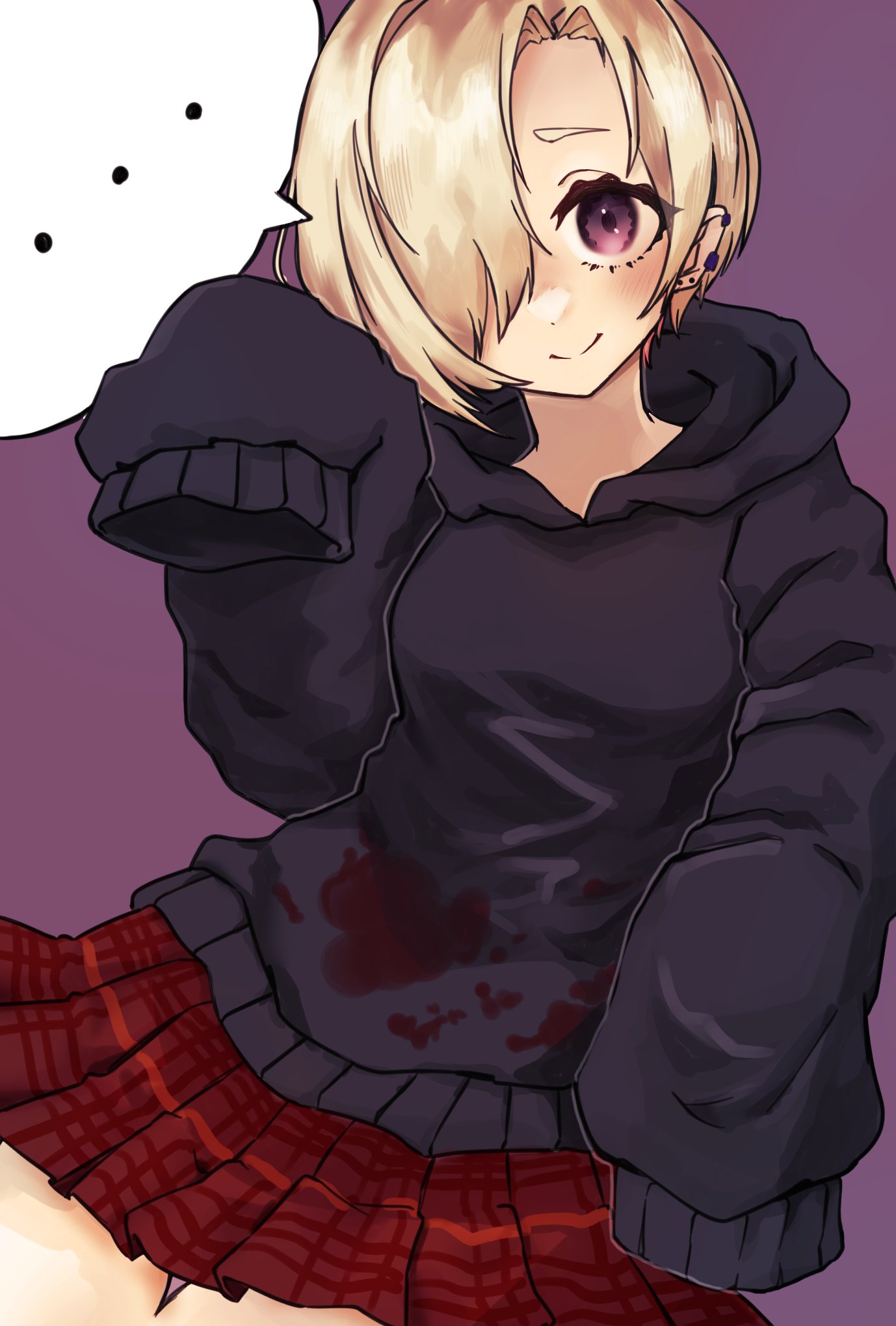 ..., 1girl, black_hoodie, blonde_hair, blood, blood_on_clothes, cowboy_shot, ear_piercing