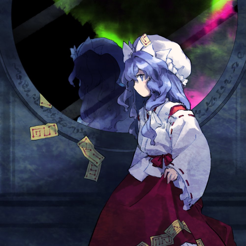 1girl, blue_eyes, blue_hair, hair_ornament, hat, japanese_clothes, kaigen_1025, miko