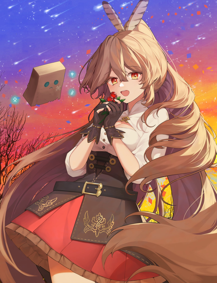 1girl, :d, absurdres, ahoge, bag, bangs, bare_tree, belt