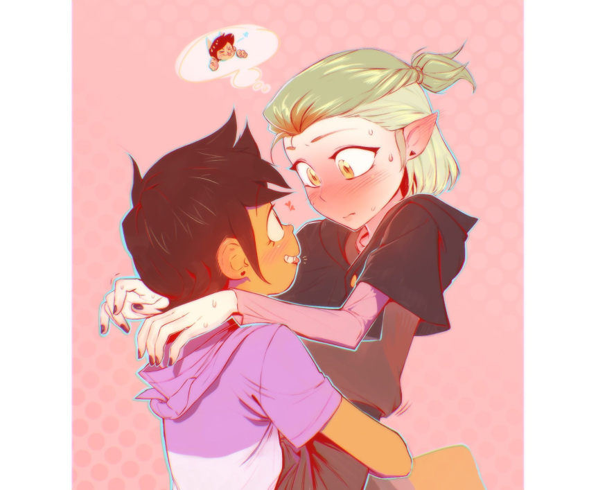 2girls, amity_blight, blush, brown_hair, carrying, dark-skinned_female, dark_skin, green_hair