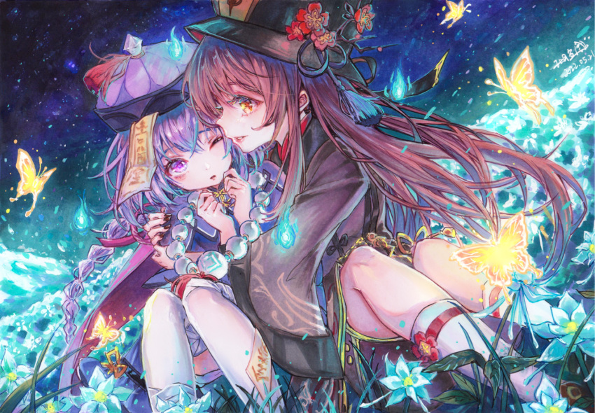 2girls, :d, bangs, bibibimuyu, black_headwear, black_nails, blue_flower, braid, braided_ponytail, brown_hair, brown_shirt, brown_shorts, bug, butterfly, flower, genshin_impact, grin, hu_tao_(genshin_impact), hug, jiangshi, long_hair, long_sleeves, looking_at_viewer, multiple_girls, nail_polish, night, night_sky, on_floor, one_eye_closed, open_mouth, orange_butterfly, outdoors, purple_hair, qiqi_(genshin_impact), red_eyes, shirt, shorts, sitting, sky, smile, thigh-highs, violet_eyes, white_legwear