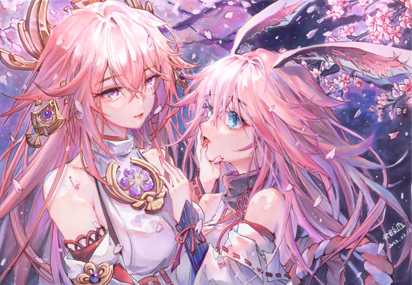 2girls, animal_ears, bangs, bare_shoulders, bibibimuyu, blue_eyes, cherry_blossoms, crossover