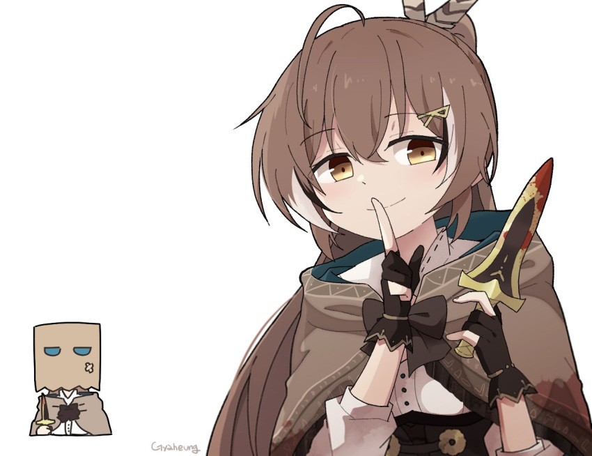 1girl, ahoge, artist_name, bag, bangs, blood, blood_on_clothes, blood_on_weapon