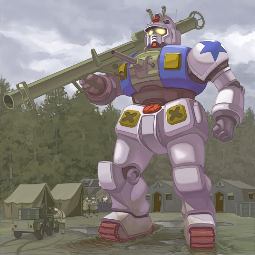 alternate_universe, clenched_hand, glowing, glowing_eyes, ground_vehicle, gun, gundam, holding, holding_gun, holding_weapon, jeep, mecha, military, military_vehicle, mobile_suit_gundam, motor_vehicle, redesign, rx-78-2, science_fiction, standing, tank, tent, v-fin, weapon, yamachan_(niconico2951569), yellow_eyes