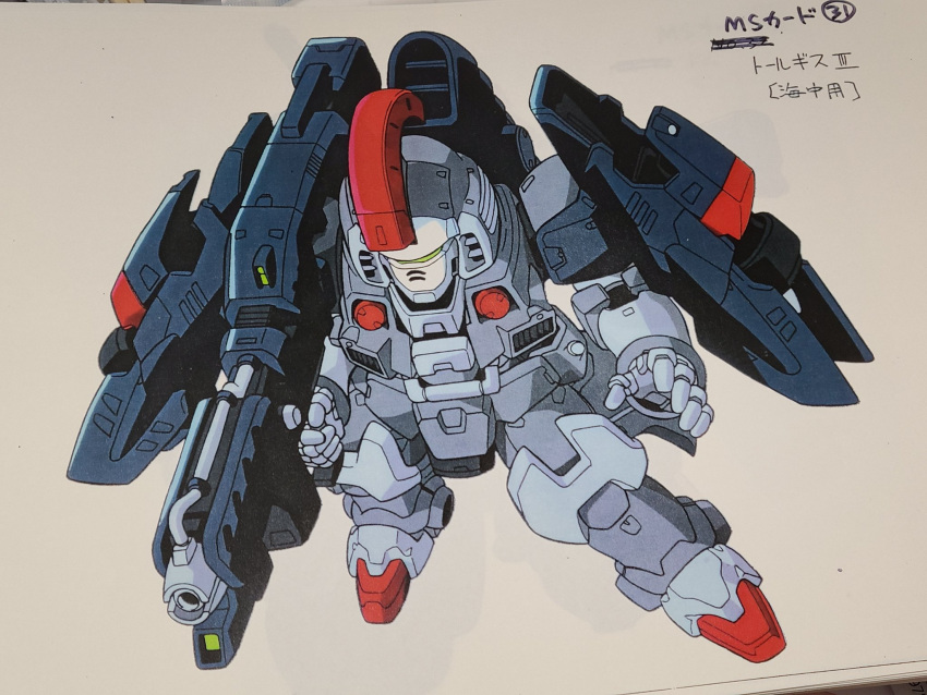 chibi, flying, gun, gundam, gundam_combat, gundam_wing, gundam_wing_endless_waltz, highres, holding, holding_gun, holding_weapon, mecha, no_humans, official_art, open_hand, science_fiction, solo, taiga_hiroyuki, tallgeese, visor, weapon, white_background