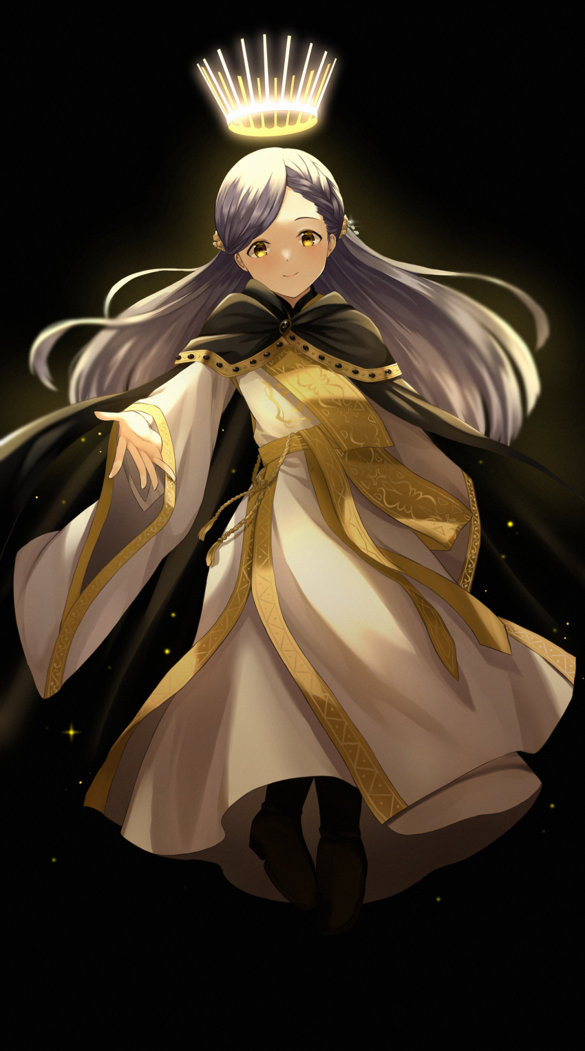 1girl, absurdres, bangs, black_background, black_cape, black_footwear, cape, dress
